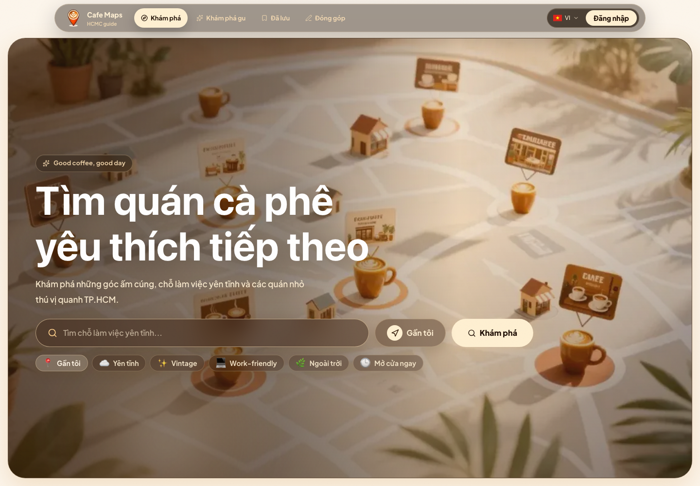 CafeMaps homepage hero with search and mood shortcuts