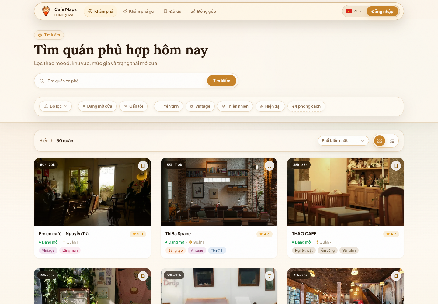 CafeMaps discovery listing with search filters and cafe cards