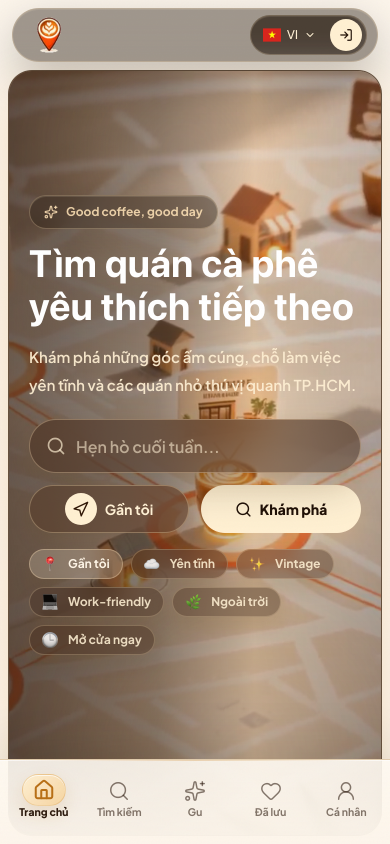 CafeMaps mobile homepage hero with search and mood shortcuts