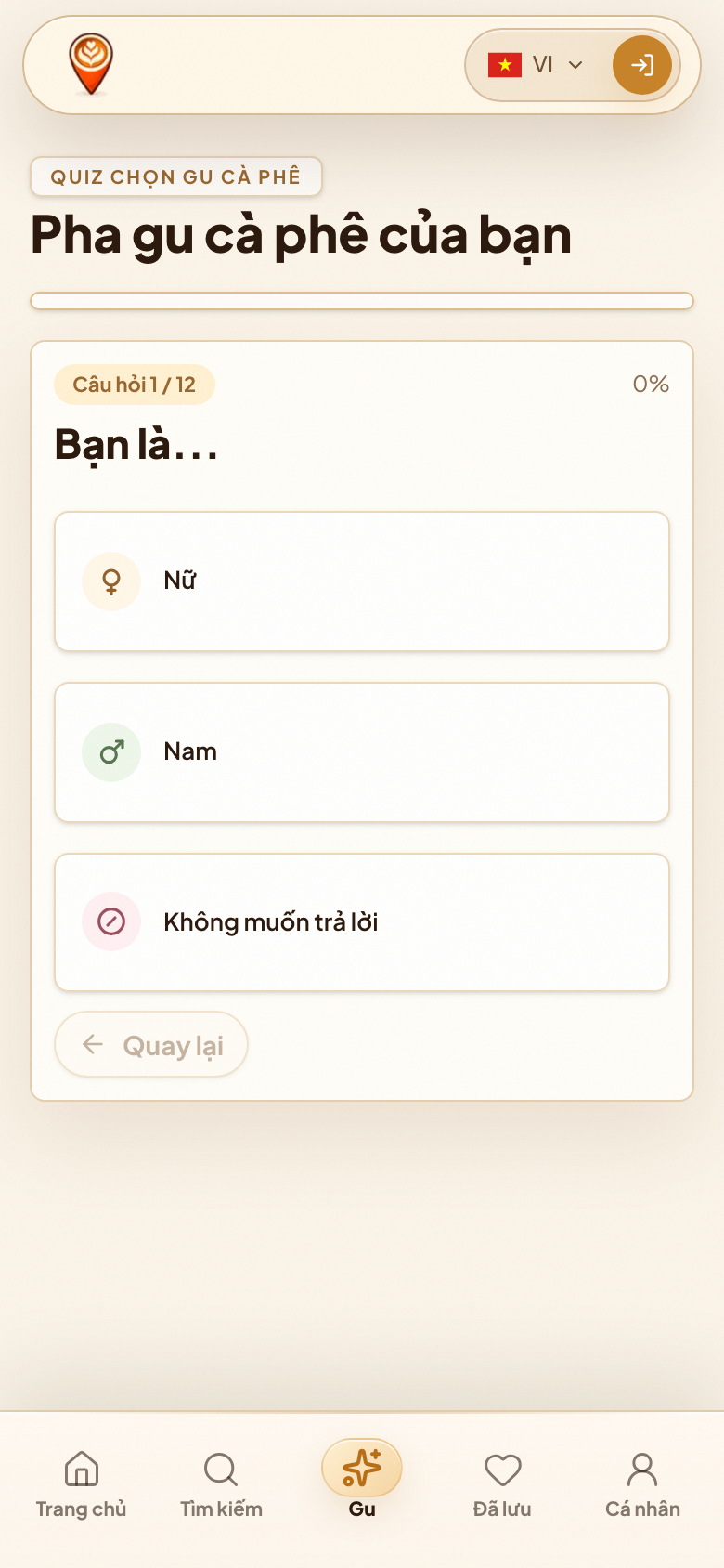 CafeMaps mobile taste quiz question screen