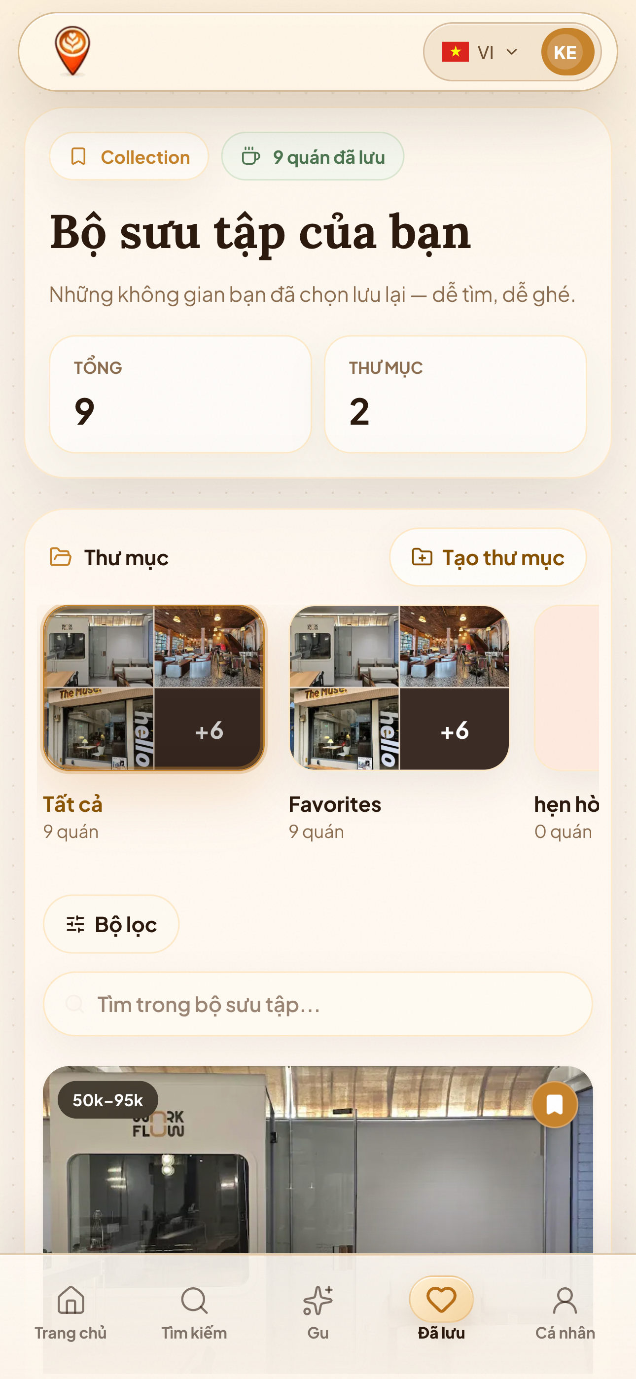 CafeMaps mobile saved places page