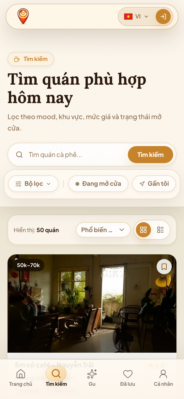 CafeMaps mobile search results and filters